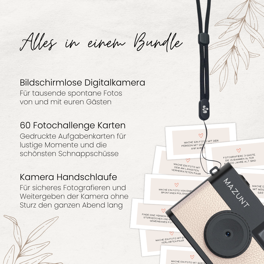 MAZUNT Hochzeitsbundle Lieferumfang – Kamera Handschlaufe und Fotoaufgaben im Set