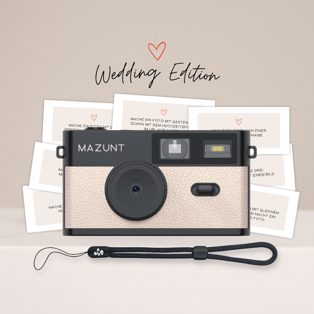 MAZUNT Hochzeitsbundle – Retro Digitalkamera Soft Beige mit Hochzeits-Fotoaufgaben
