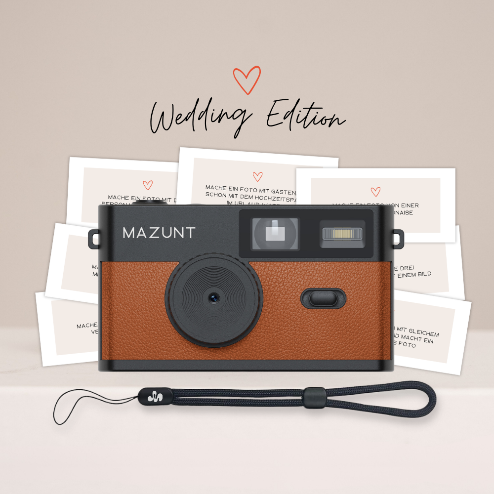 MAZUNT Hochzeitsbundle – Retro Digitalkamera Cognac Brown mit Hochzeits-Fotoaufgaben