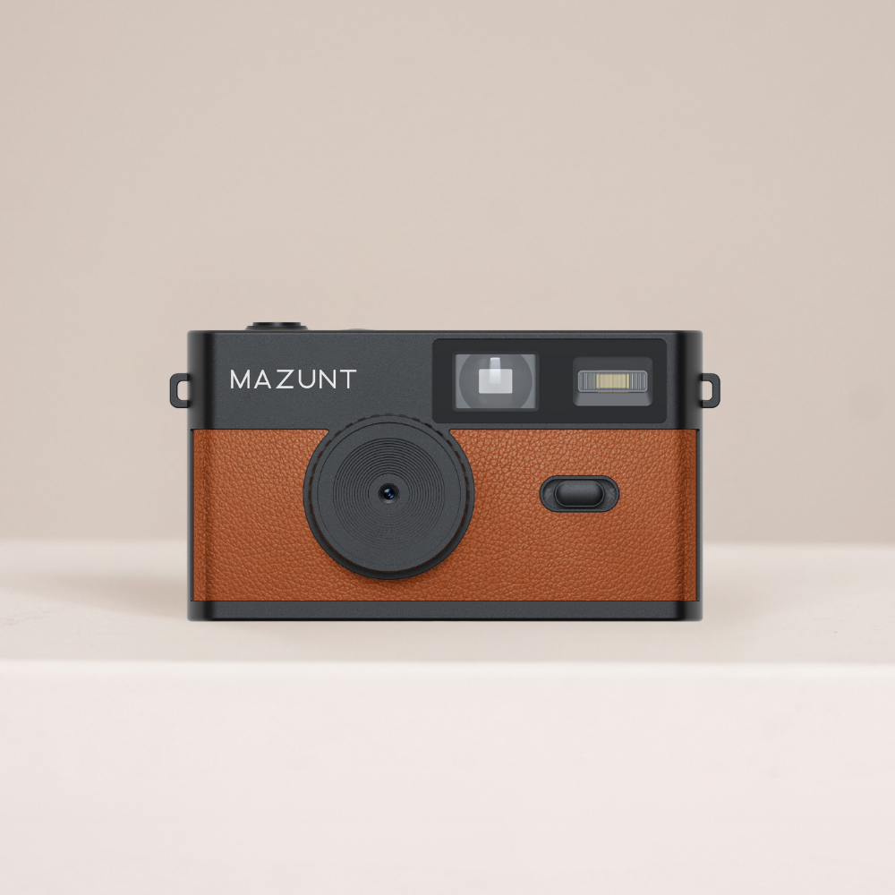 MAZUNT Retro Digitalkamera Cognac Brown – Frontansicht bildschirmlose Kamera
