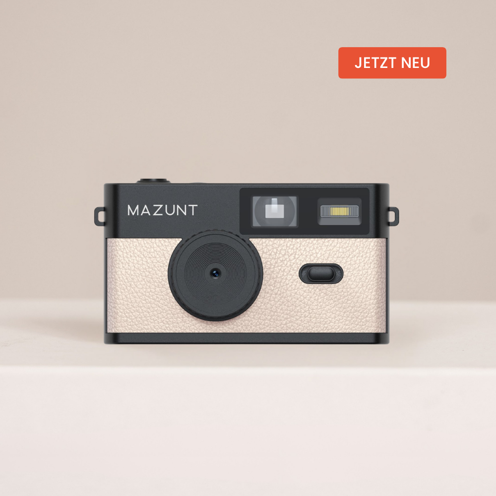 MAZUNT Retro Digitalkamera Soft Beige – Frontansicht bildschirmlose Kamera