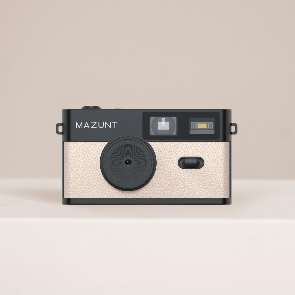 MAZUNT Retro Digitalkamera Soft Beige – Frontansicht bildschirmlose Kamera
